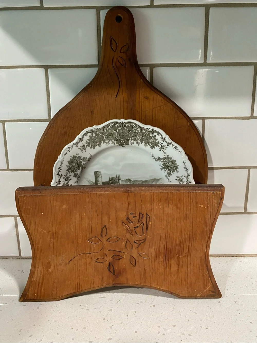 Vintage Wooden Wall Plate Pocket With Carved Rose Cottagecore